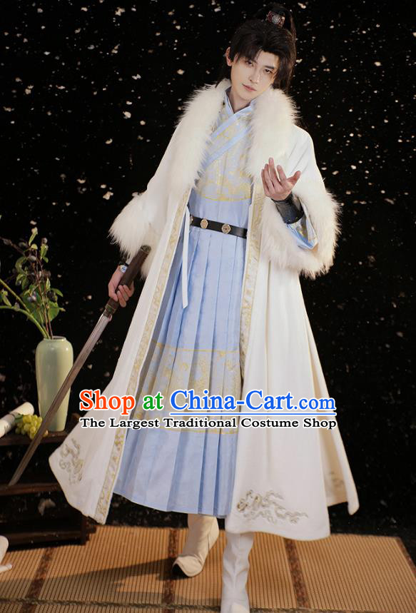 China Ming Dynasty Costumes Ancient Young Childe Clothing Traditional Hanfu Blue Ye Sa Feiyu Robe and Beizi Complete Set