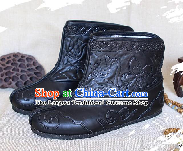 China Old Beijing Shoes Handmade Leather Boots Black Kung Fu Boots Winter Fleece Linning Insulated Shoes