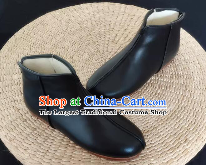 China Winter Insulated Shoes Old Beijing Shoes Handmade Leather Boots Black Kung Fu Boots