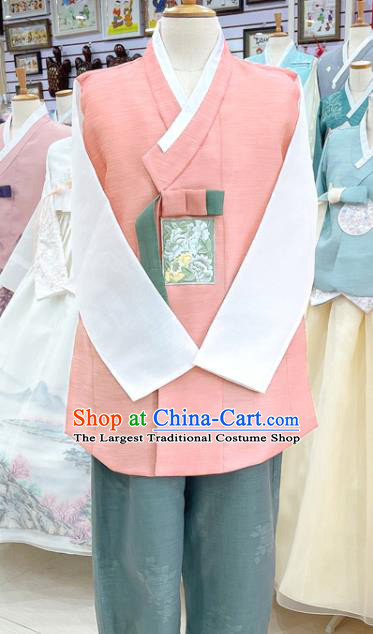 Traditional Hanbok Korean Wedding Groom Clothing Pink Shirt and Green Pants Embroidered Male Costumes