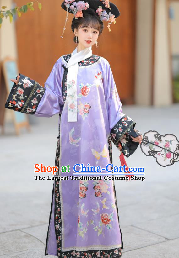 China Qing Dynasty Princess Clothing Manchu Woman Purple Dress Ancient Palace Lady Costume