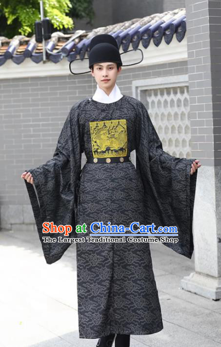 China Ming Dynasty Military Official Embroidered Lion Black Robe Traditional Hanfu Garment Ancient Officer Costume