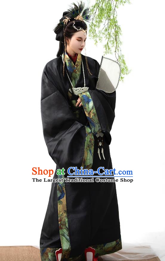 China the Warring States Time Woman Costume Traditional Hanfu Black Straight Front Robe Ancient Empress Clothing