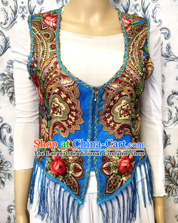 Blue China Xinjiang Dance Women Vest Maixi Lapu Ethnic Style Printed Vest