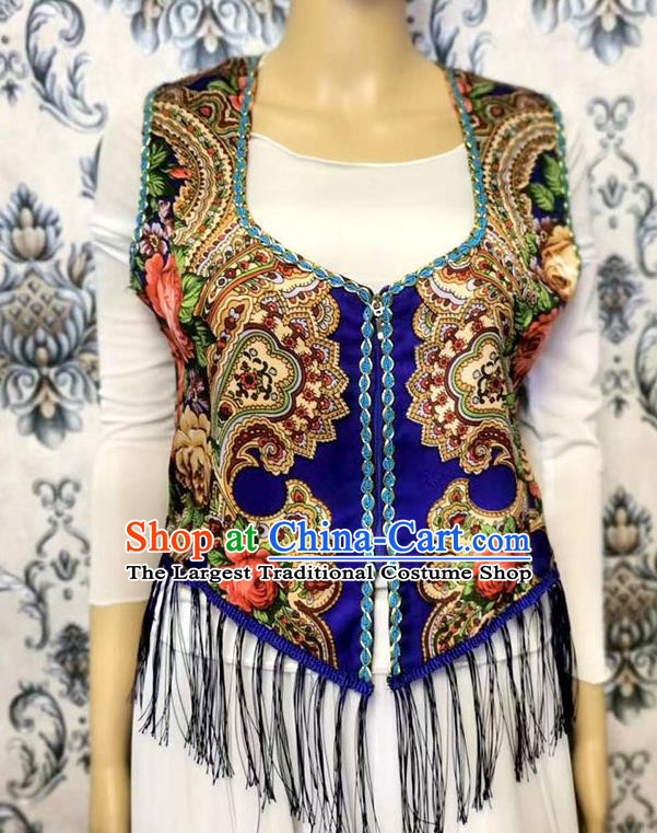 Sapphire blue China Xinjiang dance women vest Maxilapu ethnic style printed vest