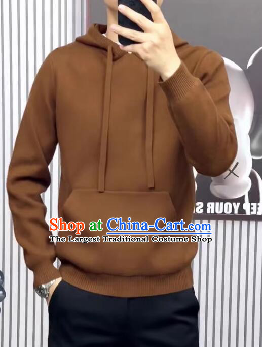 Men Woolen Knitted Sweater Brown Hoodie Jacket Top Grade Sweater