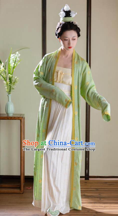 China Southern Song Dynasty Woman Costumes Traditional Hanfu Green Beizi and White Skirt Ancient Noble Female Clothing