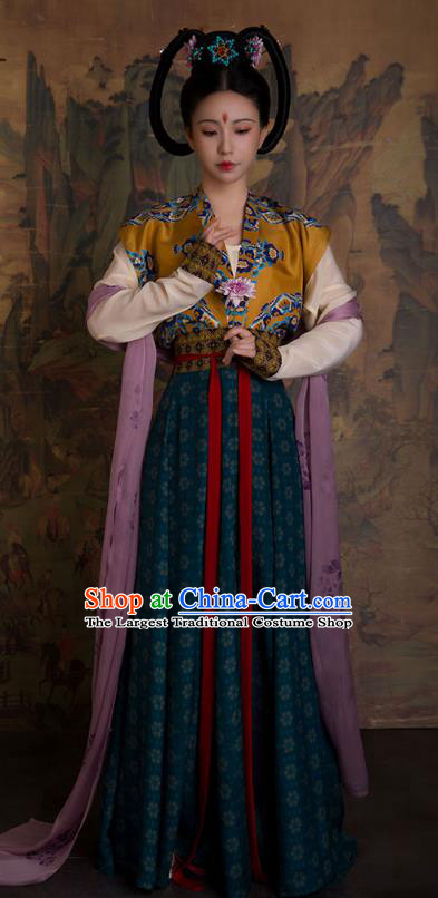 China Tang Dynasty Royal Princess Clothing Ancient Court Lady Replica Costumes Traditional Hanfu Mulberry Silk Beizi and Po Skirt