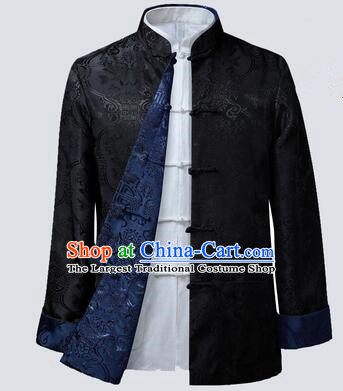 Chinese Traditional Jacket Blue and Black Brocade Overcoat Handmade Mandarin Blouse for Men