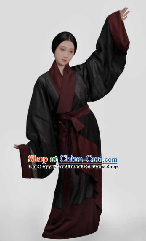 Chinese Han Dynasty Noble Woman Clothing Ancient Court Countess Garments Traditional Black Hanfu Curving Front Robes