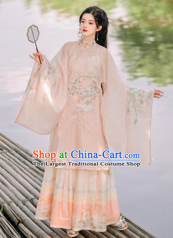 Chinese Ming Dynasty Young Woman Embroidered Clothing Ancient Princess Dresses Traditional Hanfu Pink Long Gown and Skirt Complete Set