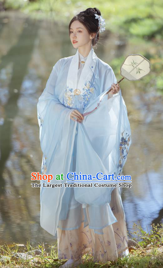 Chinese Ming Dynasty Embroidered Clothing Ancient Court Woman Dresses Traditional Hanfu Blue Long Cape Blouse and Beige Skirt Complete Set