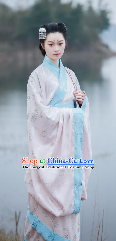 Chinese Han Dynasty Royal Princess Historical Costume Ancient Young Lady Pink Dress Hanfu Qu Ju Curving Front Robe