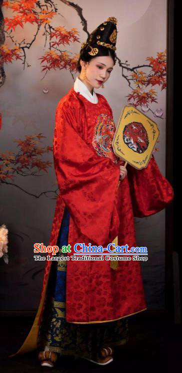 Chinese Ming Dynasty Wedding Dresses Ancient Bride Clothing Embroidered Red Gown and Ma Mian Skirt Complete Set