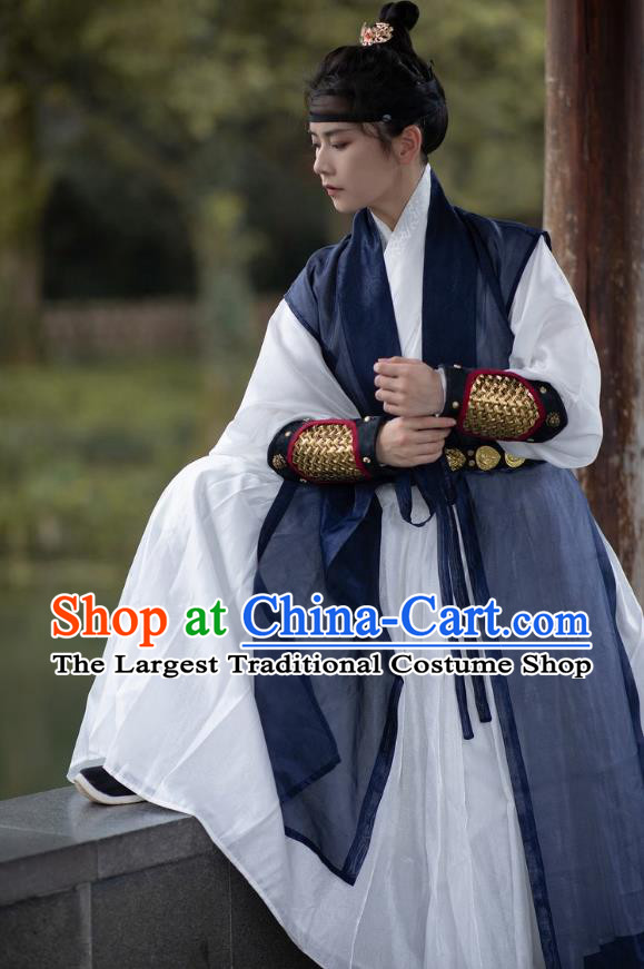 Chinese Ming Dynasty Swordsman Clothing Ancient Young Knight Costumes Hanfu Navy Vest and White Gown Complete Set