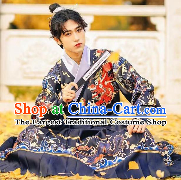 Chinese Feiyu Clothing Ancient Young Swordsman Blue Robe Ming Dynasty Imperial Guard Garment Costume