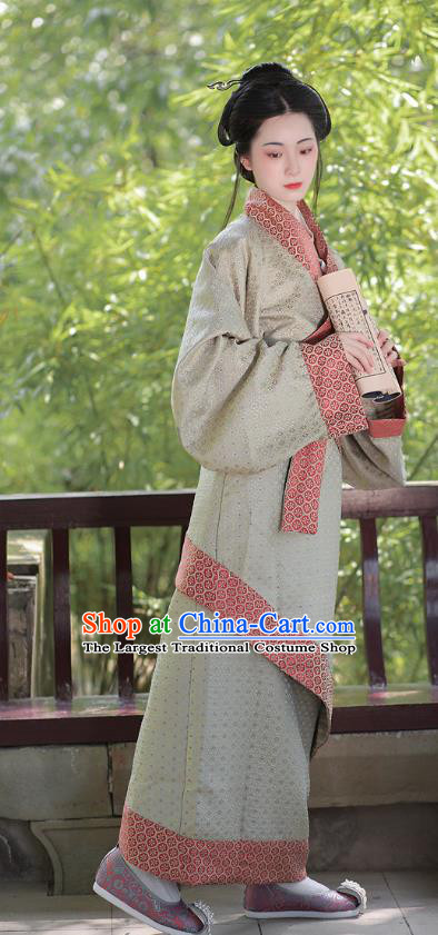 Chinese Han Dynasty Young Lady Clothing Ancient Noble Woman Costume Traditional Han Fu Curving Front Robe Grey Dress