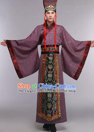 Chinese Han Dynasty Official Costumes Ancient Royal Prince Dark Purple Clothing and Headdress