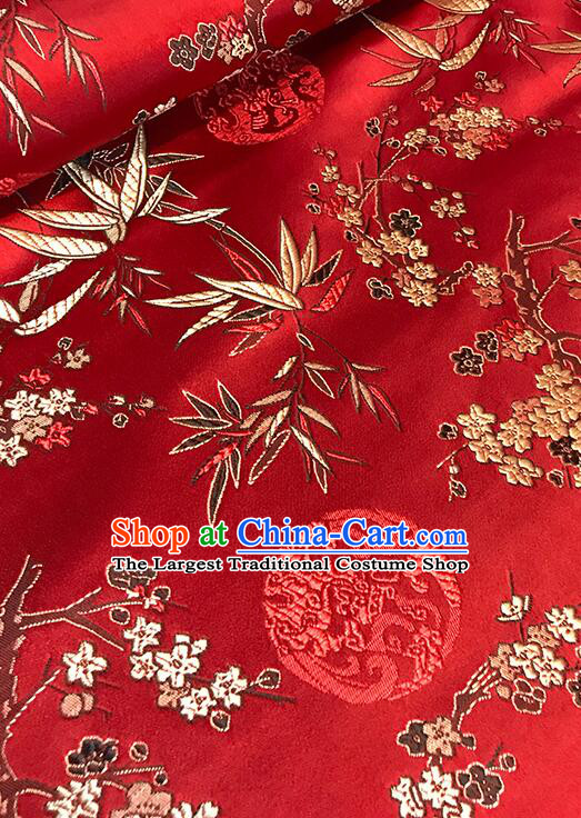 Chinese Traditional Fabric Classical Plum Bamboo Patterns Design Red Brocade