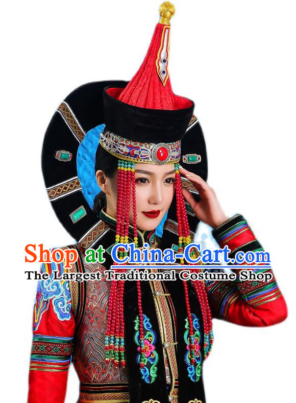 China Mongol Nationality Wedding Headwear Handmade Khorchin Ethnic Princess Hat Mongolian Nationality Festival Headdress