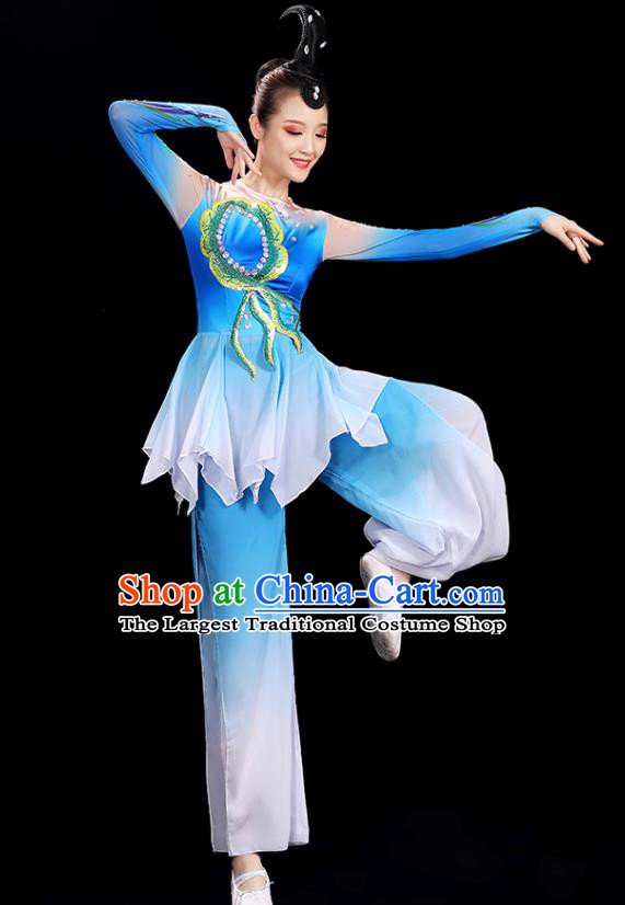 Top Women Group Stage Show Fashion Fan Dance Costume Yangko Dance Blue Outfit Folk Dance Clothing