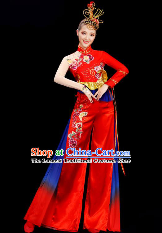 China Folk Dance Clothing Yangko Dance Red Outfit Women Group Stage Show Costume