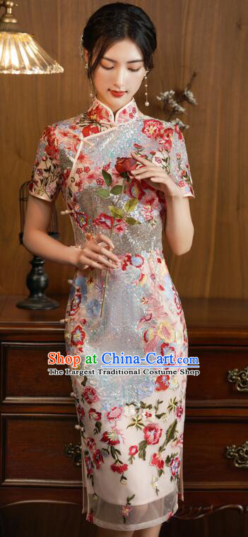 China Classical Cheongsam Clothing Elegant Embroidered Dress Shining Qipao Costume