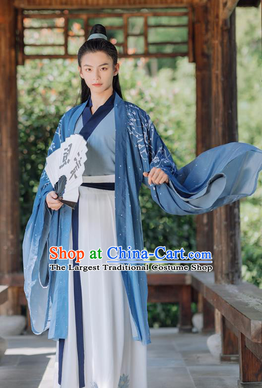 China Jin Dynasty Young Hero Clothing Ancient Swordsman Garment Costumes Blue Hanfu