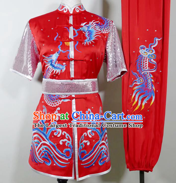 China Kung Fu Tournament Red Uniform Martial Arts Changquan Performance Costume Wushu Training Embroidered Clothing