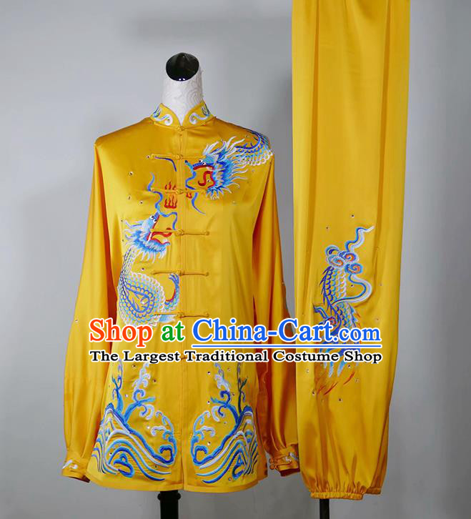 China Martial Arts Performance Costume Taiji Tournament Embroidered Dragon Clothing Tai Chi Competition Yellow Uniform