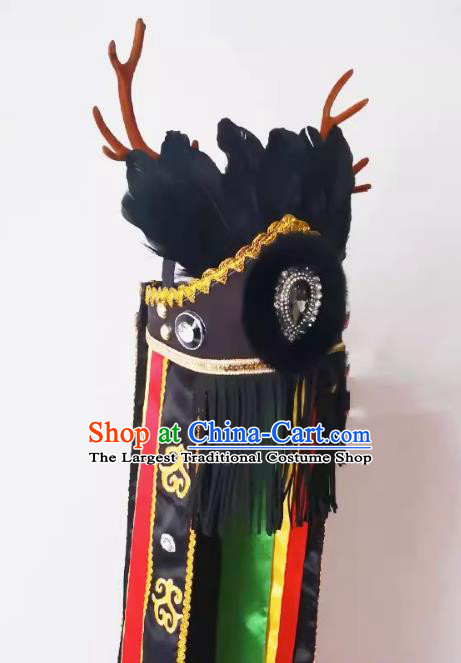 China Drama God Antlers Hat Handmade Nuo Opera Black Feather Headpiece Sacrifice Dance Headwear