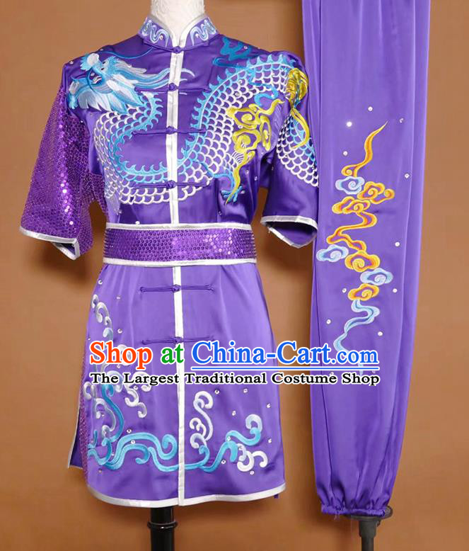 China Martial Arts Performance Costume Wushu Embroidered Dragon Clothing Kung Fu Competition Purple Uniform