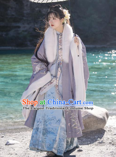 Female Hanfu Ming Dynasty Winter Costumes Chinese Ancient Women Embroidered Cape Long Gown and Skirt Set