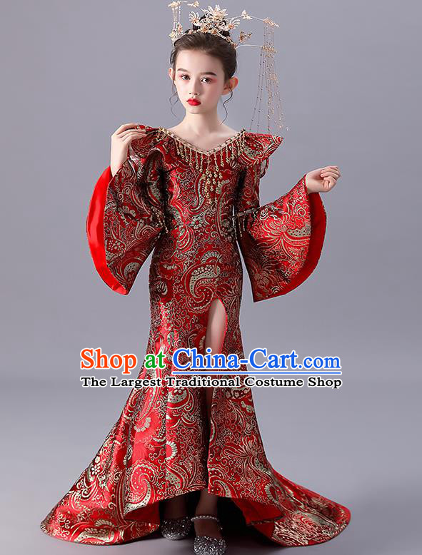 Top Children Day Performance Clothing China Style Stage Show Costume Girl Catwalks Red Dress Model Contest Fashion