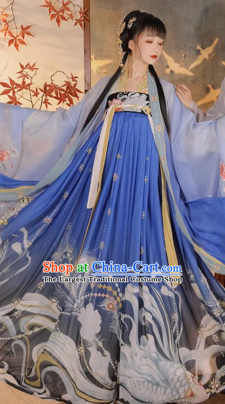 Ancient China Traditional Hanfu Runqun Blue Dress Fairy Costumes Tang Dynasty Woman Clothing