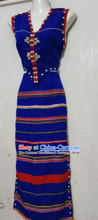 China Ethnic Wa Minority Costume Blue 2 Piece National Festival Event Costume National Dance Performance Costume