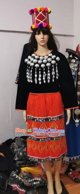 China Ethnic Jingpo Minority Performance Costumes National Style Dance Costumes Women Clothing Dance Performance Costumes Stage Costumes