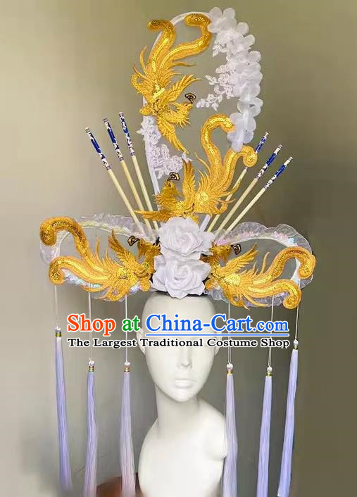 Chinese Style Blue And White Porcelain Headdress Catwalk Model Competition Exaggerated Makeup Modeling National Tide White Ancient Style Cheongsam Hair Accessories