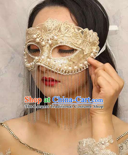 European And American Champagne Lace Retro Elegant Mysterious Mask Tassel Covering Masquerade Halloween Carnival Party