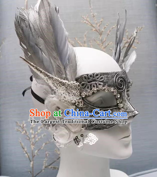 Exaggerated Venetian Silver Flower Mask Feather Masked Singer Halloween Carnival Masquerade Party