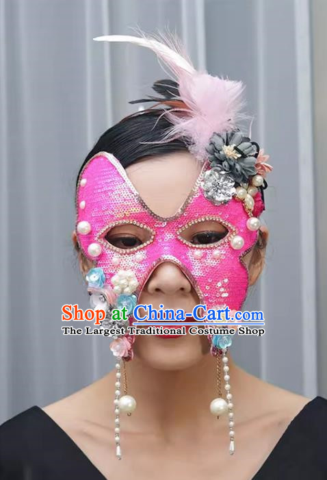 Rose Red Sequin Beaded Flower Mask Retro Elegant Masquerade Halloween Annual Meeting Party