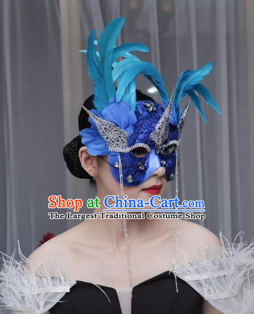 European And American Exaggerated Venice Blue Flower Mask Feather Masked Singer Halloween Carnival Masquerade Party