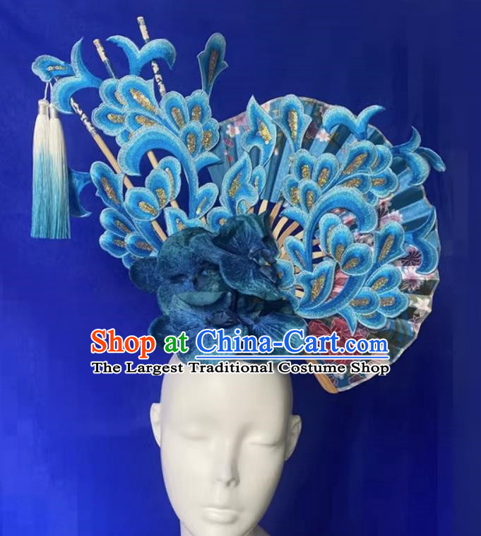 Chinese Style Blue And White Fan Shaped Porcelain Ancient Style Catwalk Model Competition Photography Exaggerated Headdress Hair Accessories