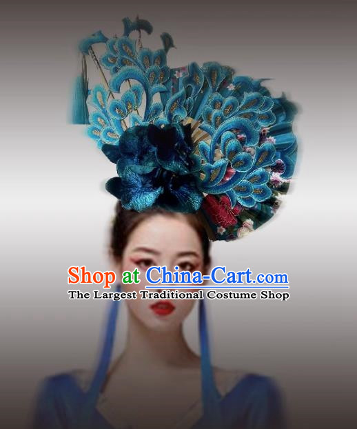 Chinese Style Blue And White Fan Shaped Porcelain Ancient Style Catwalk Model Competition Photography Exaggerated Headdress Hair Accessories