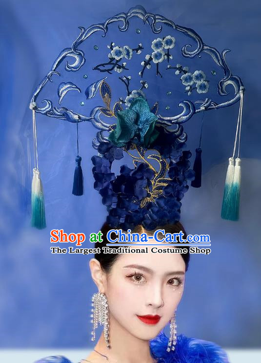 Chinese Style Blue And White Porcelain Blue National Tide Ancient Style Catwalk Model Competition Exaggerated Headdress Hair Accessories