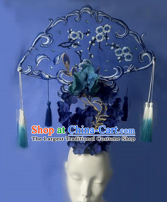 Chinese Style Blue And White Porcelain Blue National Tide Ancient Style Catwalk Model Competition Exaggerated Headdress Hair Accessories