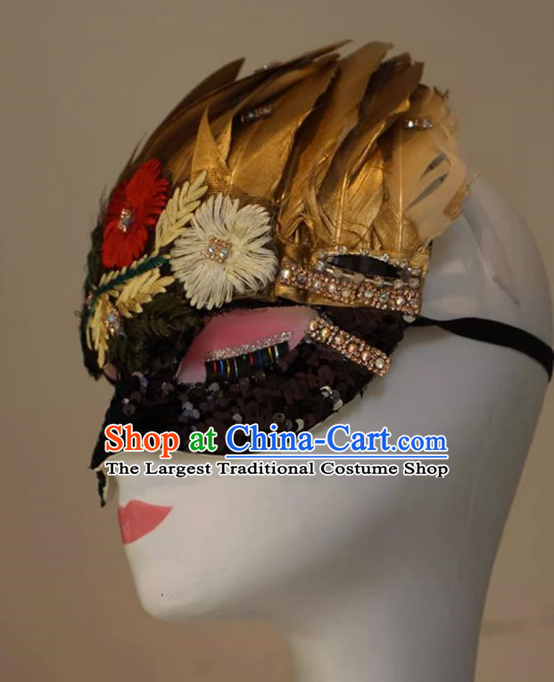 Chinese Style Embroidery Golden Feather Mask Masquerade Singing Halloween Face Makeup