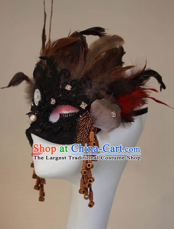 Ethnic Style Feather Brown Mask Performance Halloween Fashion Party Mysterious Half Face Accessories COS