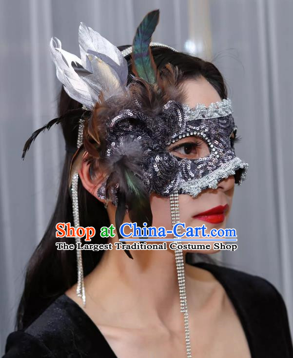 Venetian Gray Flower Mask Feather Masked Singer Halloween Carnival Party Mask