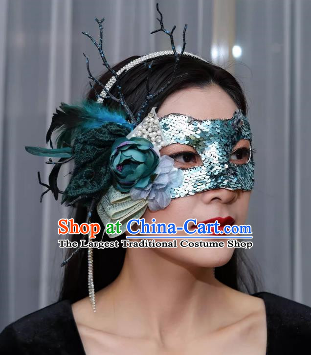 Venetian Green Flower Mask Feather Masked Singer Halloween Carnival Ball Party Mask